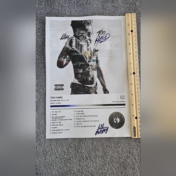 Lil baby, too hard,  canvas poster, album cover with track list. New without tag - Picture 2 of 3